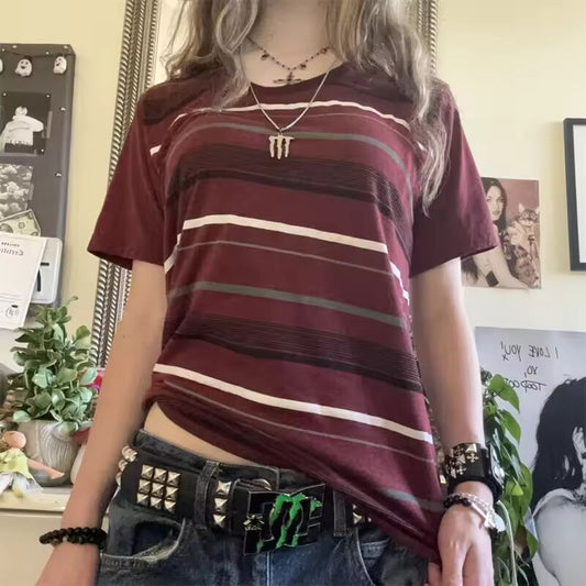 Women's Crop Tops y2k Clothes Stripe Pattern Short Sleeve Round Neck Knitwear Pullover Tees Grunge Gothic Clothing Streetwear