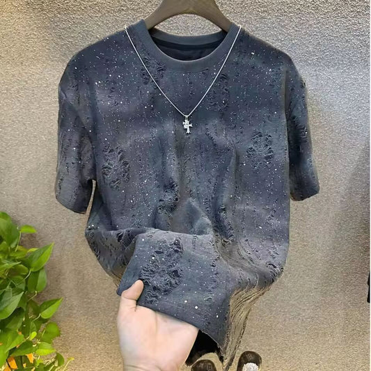 Ripped Top Loose O Neck Man Tee Shirts Sequins T Shirt for Men Party Casual Cheap Clothes Elastic Korean Original Hot Clothing