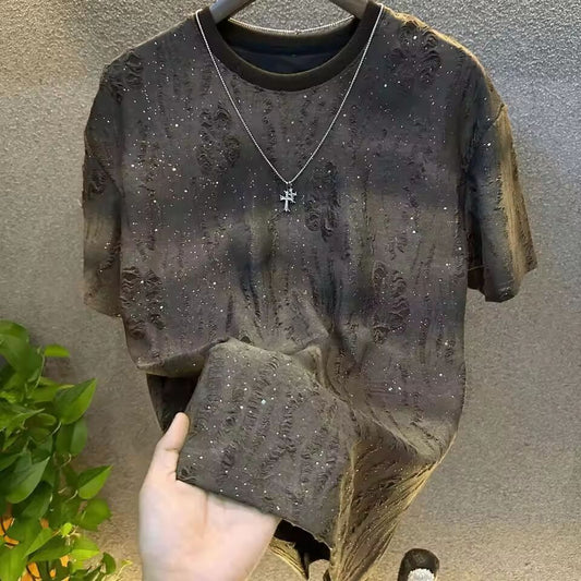 Ripped Top Loose O Neck Man Tee Shirts Sequins T Shirt for Men Party Casual Cheap Clothes Elastic Korean Original Hot Clothing
